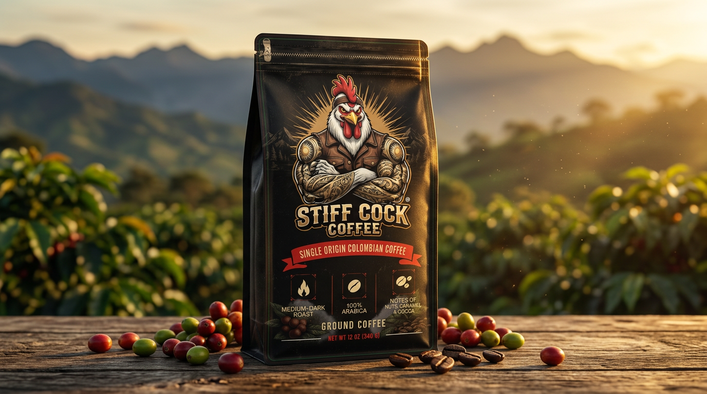 Stiff Cock Coffee bag centered in a Colombian finca at golden hour